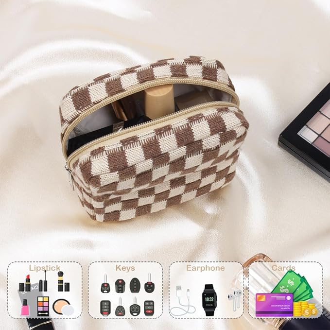 FFpaw 2 Pieces Makeup Bag Set, Small Brown Checkered Cosmetic Bag Travel Toiletry Organizer Mini Cosmetic Pouch Case Makeup Brushes Cute Quilted Aesthetic Accessories Storage Bag for Women
