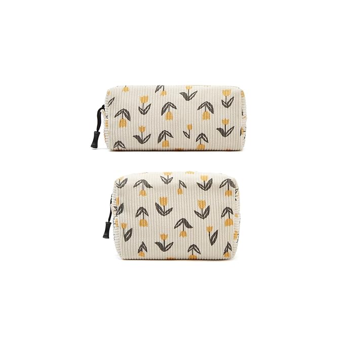 ZOEMTIU Makeup bag set small Cosmetic bag for women purse Corduroy Organizer with interior Pockets,cute Pencil zipper Pouch travel Toiletry Bag with handle(Tulip Yellow)