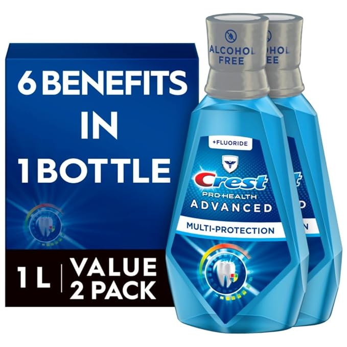 Crest Mouthwash Pro Health Multi-Protection, 1L, 2 Pack, 6-in-1 Benefits, Alcohol Free, Enamel Repair, Breath Freshener, Anti Cavity, Fluoride mouthwash, Bad Breath Treatment for Adults, Contains CPC