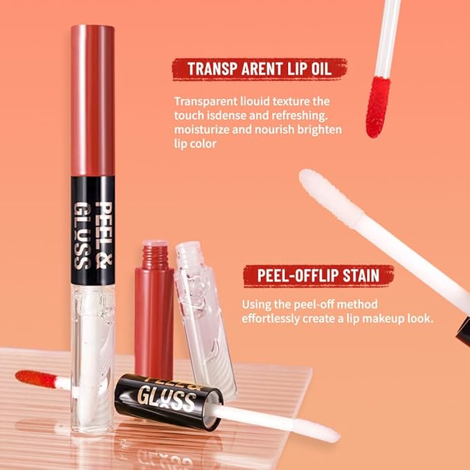 2Pcs Peel Off Lip Gloss Tattoo and Lip Oil 2-in-1, Lip Stain Peel Off Masque - Peel Off Lip Tint ,Long Lasting Waterproof Transfer-proof Lip Mask Lip Gloss Peel Off Lip Liner,Stay Lip Makeup 06#+07#