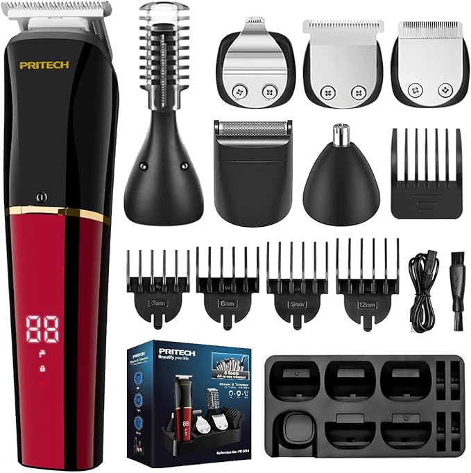 PRITECH Men's Grooming Kit, 6-in-1 Beard Trimmer & Hair Clipper, Cordless