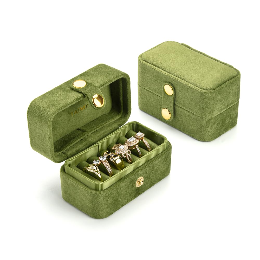 TAIMY Travel Jewelry Case, Portable Pocket Size Small Plush Velvet Ring Box for Women, Mini Ring Holder and Organizer with 7 slots for purse(Avocado Green)