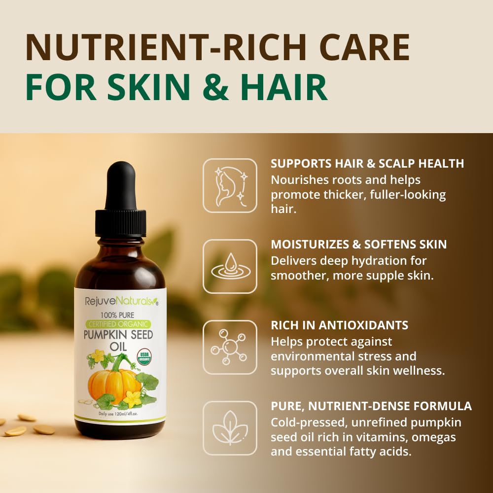 Organic Pumpkin Seed Oil (LARGE 4-OZ Bottle) USDA Certified Organic, 100% Pure, Cold Pressed. Boost Hair Growth for Eyelashes, Eyebrows & Hair. Overactive Bladder Control for Men & Women. Moisturizer