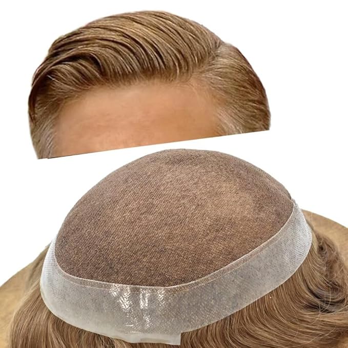 Toupee for Men French Lace Center Human Hair Replacement Systems Transparent Lace Center Hair Piece Mens Toupee Hair Units for Man V-Looped Front Male Hair Prosthesis 6"X8" 17#DARK ASH BLONDE