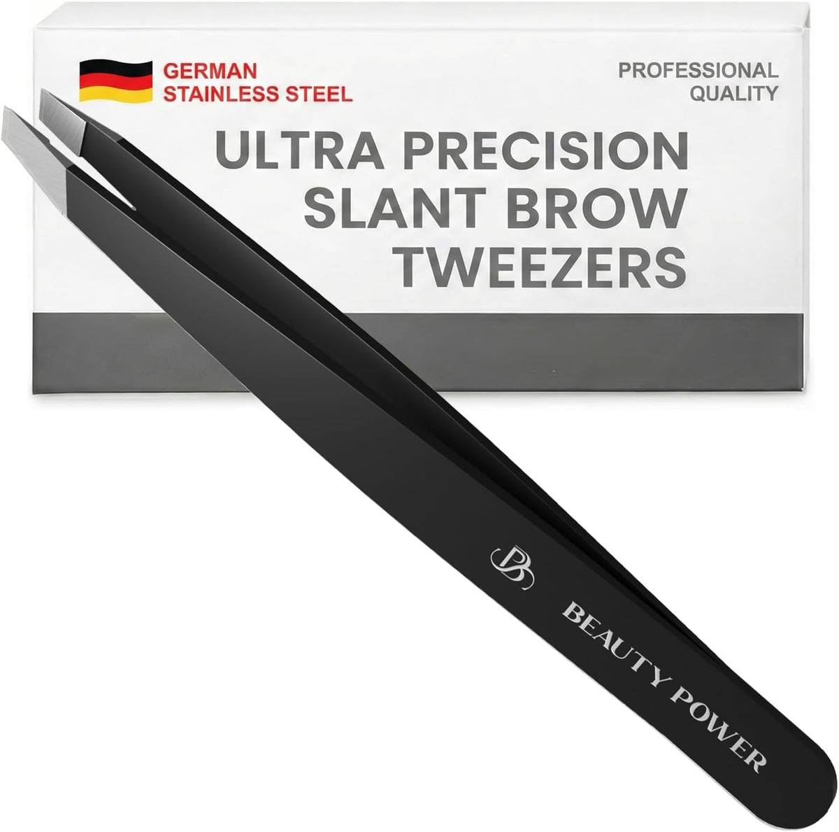 Beauty Power Tweezers for Women Facial Hair: Ultra Precision Tweezers for Women & Men, Sharp Slant Tweezer for Eyebrows, Ingrown Hair Removal. Professional Plucker, German Stainless Steel (Black)