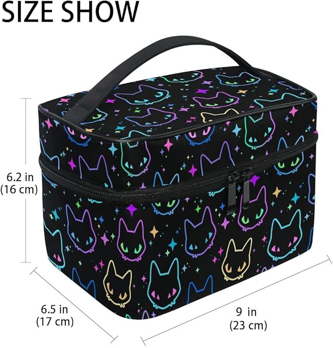 MNSRUU Goth Makeup Bag, Colorful Neon Cat Heads Makeup Organizer Bags Toiletry Bag Box Travel Cosmetic Bag Make Up Train Case for Women Teen Girl Ladies