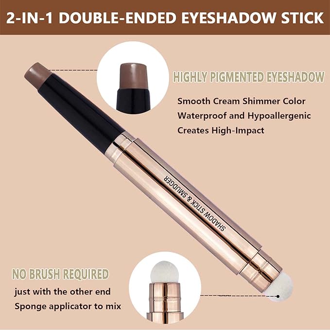 SAUBZEAN Brown Eyeshadow Stick Makeup, Highlighter Matte Cream Eye Shadow Pencil, Waterproof Hypoallergenic Long Lasting Crayon, Glitter Primer Palette Shimmer Eyeliner Pen wiht Soft Brush