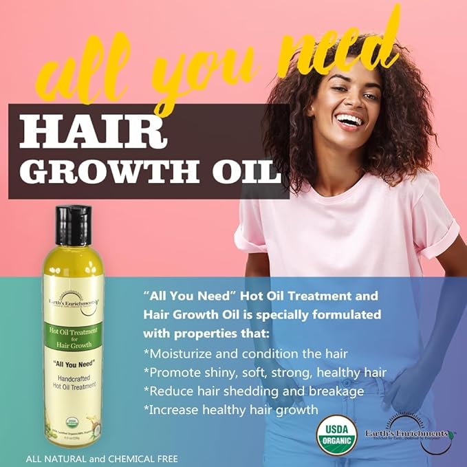 Earth's Enrichments Hot Oil Treatment for Dry, Damaged Hair, Hair Growth Serum, Moisturizes, Hydrates, Reduce Shedding and Breakage, USDA Organic, 8oz