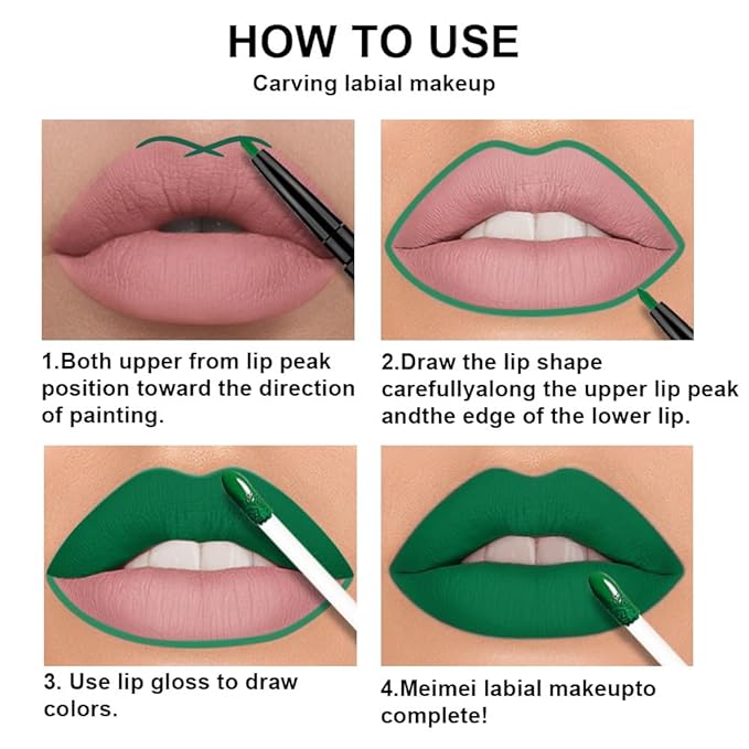 IATMOMOD 3Pcs 2 in 1 Green Matte Shimmer Lip Liner and Liquid Lipstick Stain Makeup Set for women, Long Lasting Smudge Proof Lip Tint Matte Finish Lip Gloss for All-Day Color Hold Easy to Use, Set25