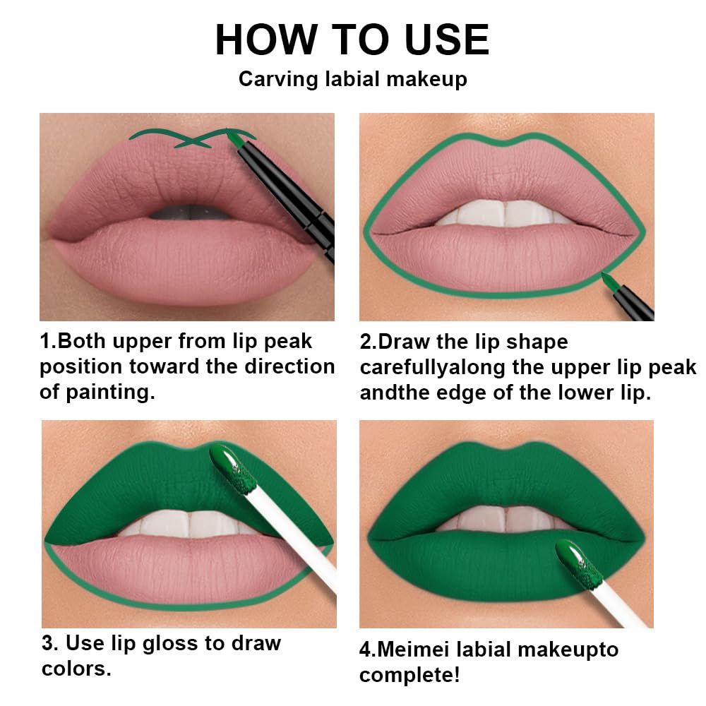 IATMOMOD 3Pcs 2 in 1 Green Matte Shimmer Lip Liner and Liquid Lipstick Stain Makeup Set for women, Long Lasting Smudge Proof Lip Tint Matte Finish Lip Gloss for All-Day Color Hold Easy to Use, Set25