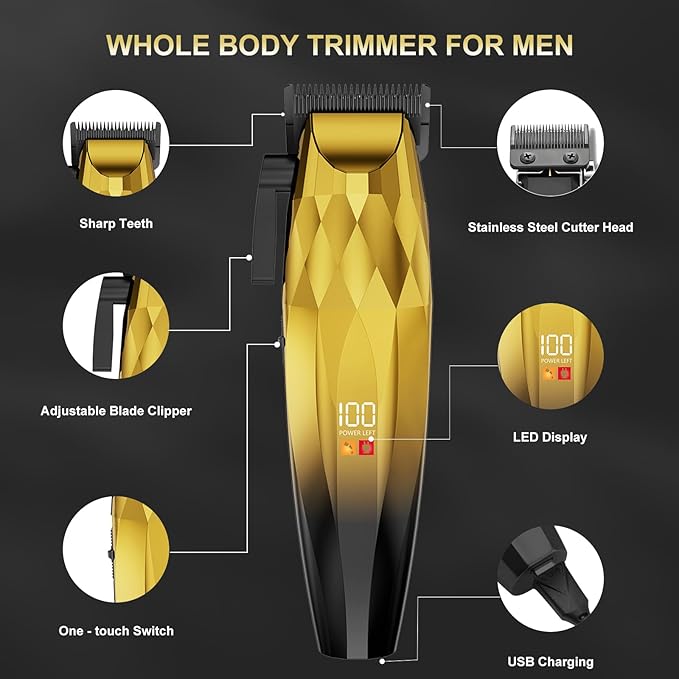 WAIKIL Professional Hair Clipper and Trimmer Set for Men, Cordless Barber Clippers with LED Display, Rechargeable Hair Cutting Kit for Hair, Beard and Grooming,Gold