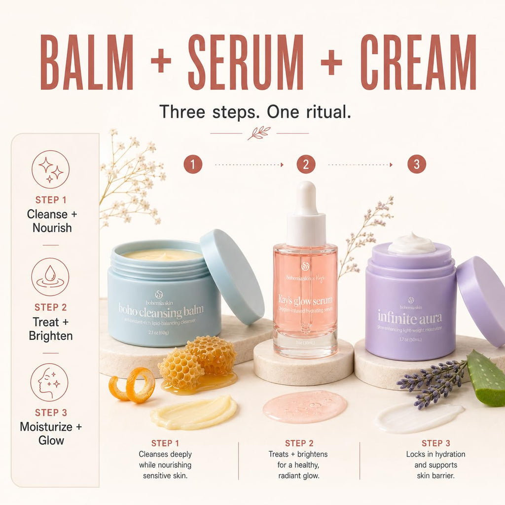Bohemia Skin Kay’s Glow Serum + Infinite Aura Moisturizer + Boho Cleansing Balm – Oxygen-Infused THDA Vitamin C with Gentle AHA for Face and neck | Hydrates, Soothes and Brightens Bundle