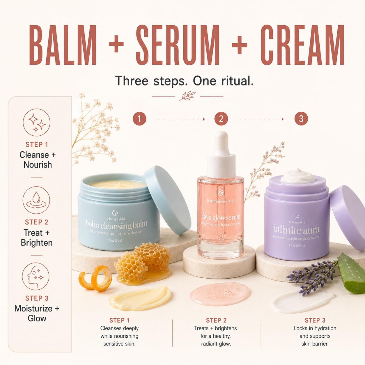 Bohemia Skin Kay’s Glow Serum + Infinite Aura Moisturizer + Boho Cleansing Balm – Oxygen-Infused THDA Vitamin C with Gentle AHA for Face and neck | Hydrates, Soothes and Brightens Bundle