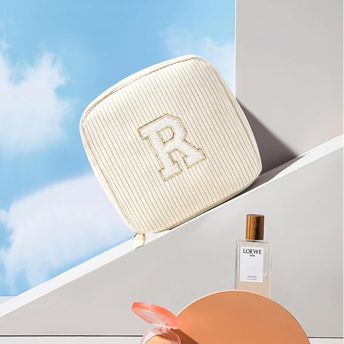 LETGO Cute Monogram Personalized Initial Makeup Bags Cosmetic Pouch Make Up Case - Friendship, Sister, Teacher Gifts for Women (Letter R, Beige)