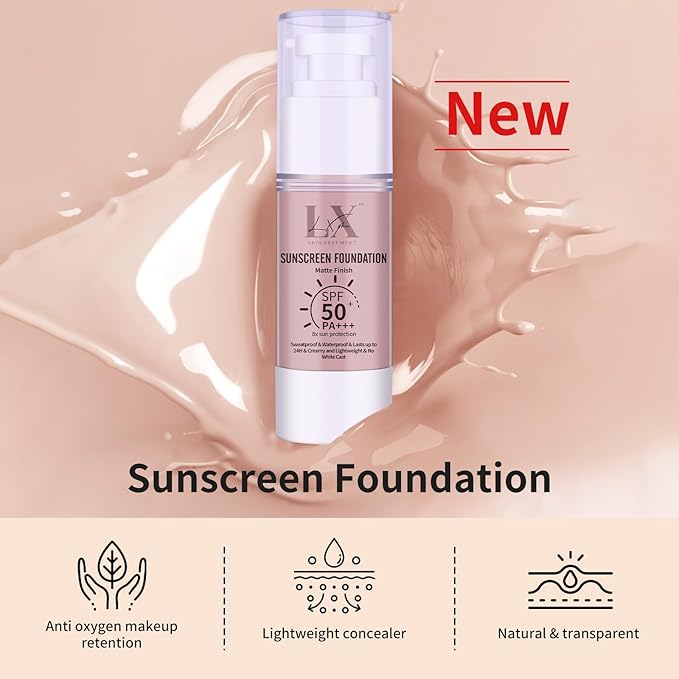 LXSKN Sunscreen Foundation - Waterproof & Lightweight Liquid Foundation with SPF 50++, 3-in-1 Full Coverage Foundation Smooths & Blurs Pores #101