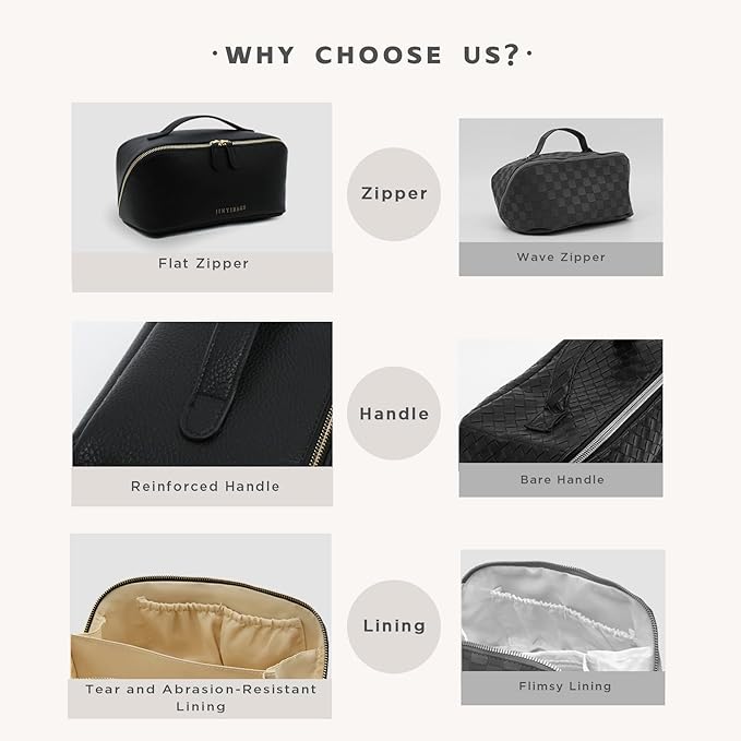 JINYIBAGS Travel Makeup Bag – Large Cosmetic Organizer with Waterproof PU Leather, Smooth Double Zipper & Tear-Resistant Lining, Toiletry Pouch for Women (Black)