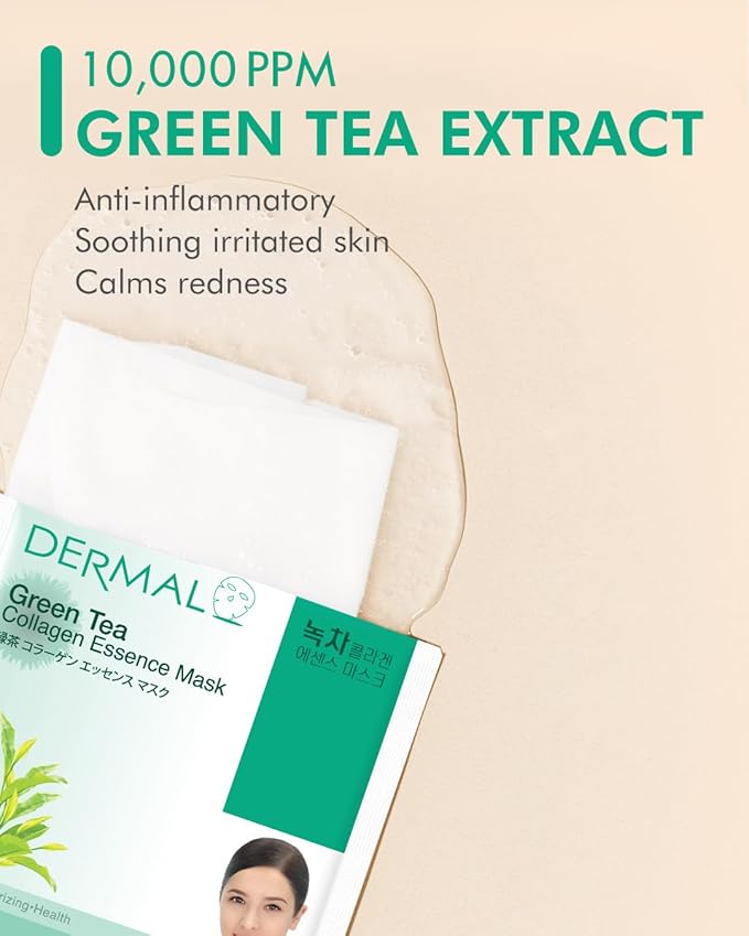 DERMAL Green Tea Collagen Soothing Sheet Mask, Fresh Hydration, 10 Pack