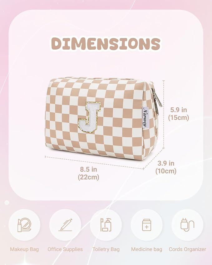 Narwey Birthday Gifts for Women Teen Girls Kids Personalized Initial Checkered Makeup Bag Cute Cosmetic Bag Trendy Stuff 6 8 10 11 12 13 14 16 18 Years Old Travel Toiletry Bag (Brown Letter J)