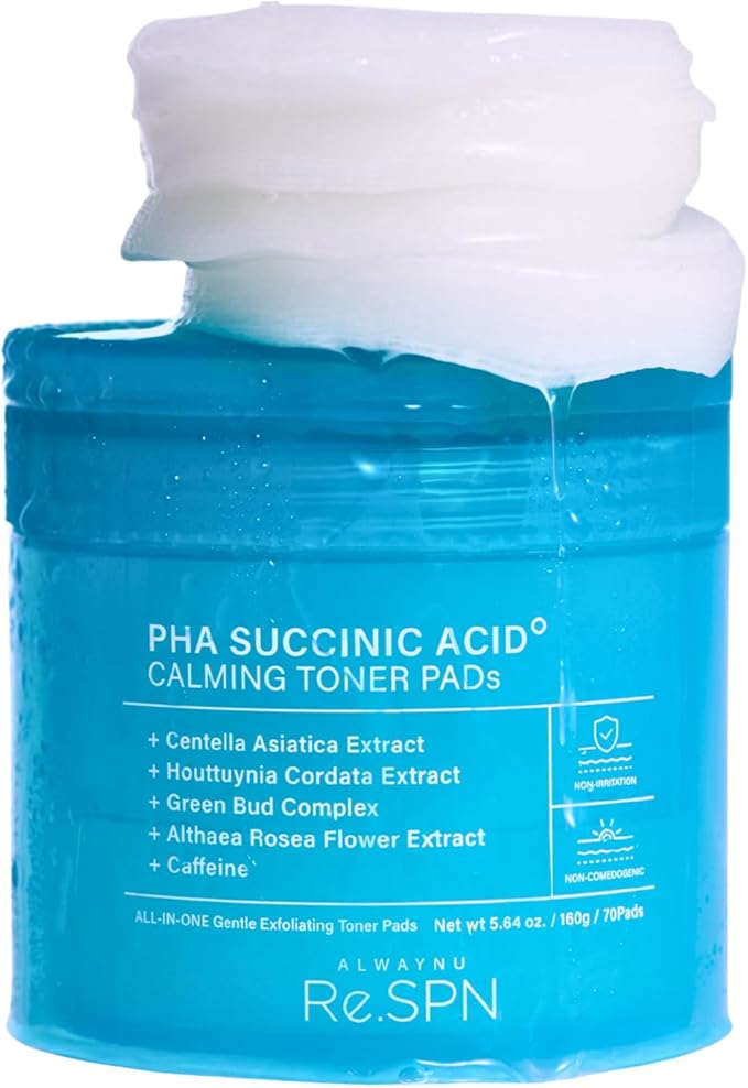 Re.SPN PHA Succinic Acid Calming Toner Pads – Daily Exfoliating Pads for Face, Hydrating and Soothing with Cica, Caffeine, Pore Minimizer, Non-comedogenic, Vegan, Glass Skin, K-Beauty (70 Count)