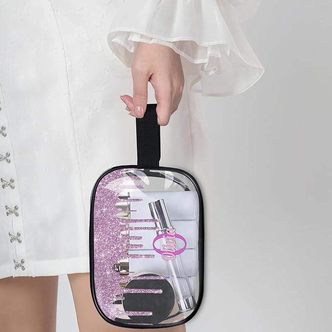 KFNHN Personalized Clear Makeup Bag with Name, Best Friends Teen Women Mom Birthday Gift PVC Cosmetic Toiletry Travel Bag for Toiletries, Plum Purple Fluid Shape Sequins