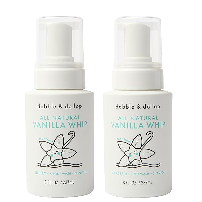 Dabble & Dollop Vanilla Kids 3-in-1 Foaming Body Wash, Shampoo & Bubble Bath – Tear-Free, Gentle, Natural-Origin, Hypoallergenic and Safe for Sensitive Skin (8 fl oz, Pack of 2)