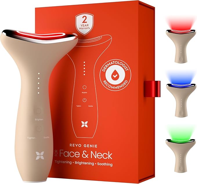 REVO Genie Facial Massager for Face and Neck, LED Beauty Device with Heat and Vibration, Depuffing Sculpting Tool with Red Blue Green Light Modes for Skincare Routine