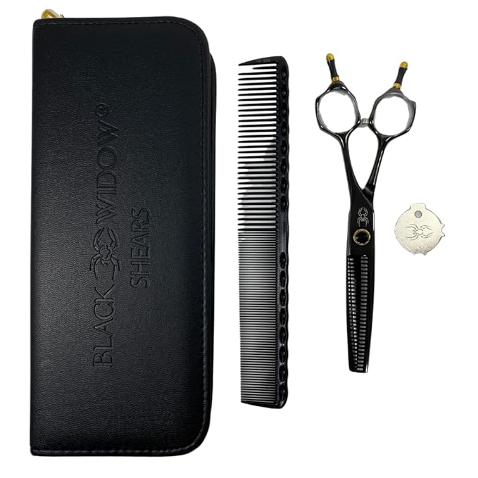 Black Widow Dos Manos Hair Thinning Shears, 6 Inch Ambidextrous Barber Blending & Texturizing Scissors, Japanese Stainless Steel, Adjustable Tension Screw