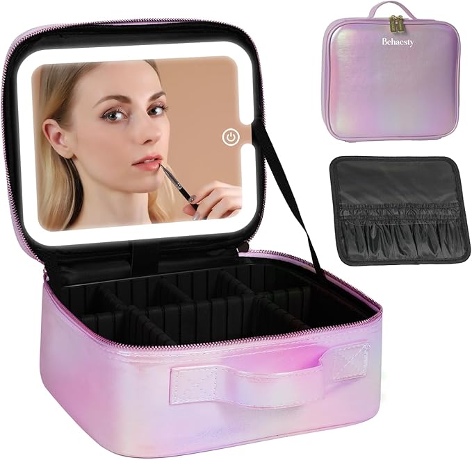 Behaesty Travel Makeup Bag with LED Lighted Mirror, Cosmetic Makeup Organizer Bag with 3 Color Setting, Makeup Train Case with Adjustable Dividers for Women Makeup Brushes Jewelry Accessories