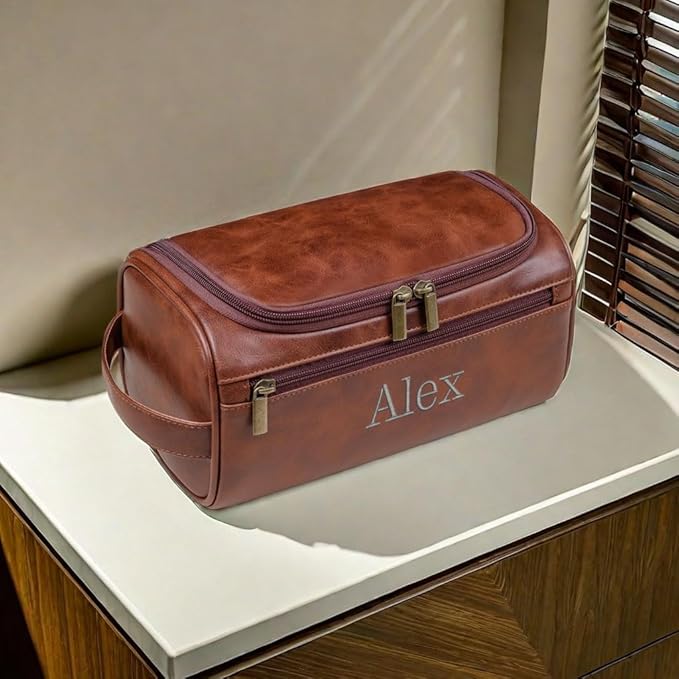 joyinaff Personalized Embroidery PU Leather Travel Toiletry Bag for Men,Stylish Travel Organizer for Travel, Wedding Gift,Customized Monogram Travel Shaving Dopp Kit for Groomsmen (Brown)
