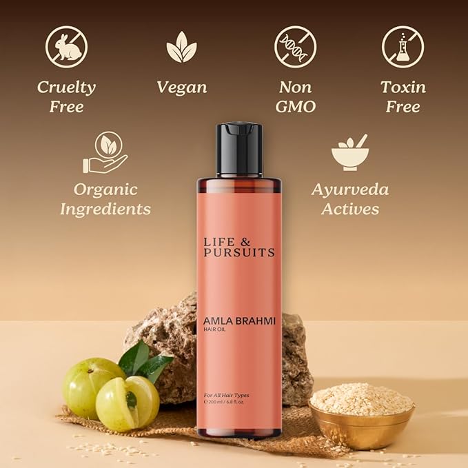 Life & Pursuits Amla Brahmi Hair Oil for Hair & Scalp Health - 6.8 Oz Natural, Indian Ayurveda Oil for Healthy & Shiny Hair | Coconut, Castor, Sesame, Triphala, Gotukola