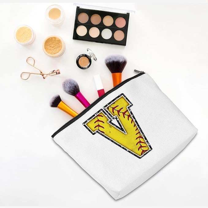 Softball Gifts Initial V Makeup Bag Softball Gifts for Team Cosmetic Bag