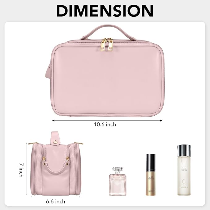 HauteHues Travel Makeup Bag Women's Large Capacity Cosmetic Portable Organizer Large Opening Waterproof Storage Toiletry Bags Vertical Free-Standing Brush Holder for Easy Access Pink