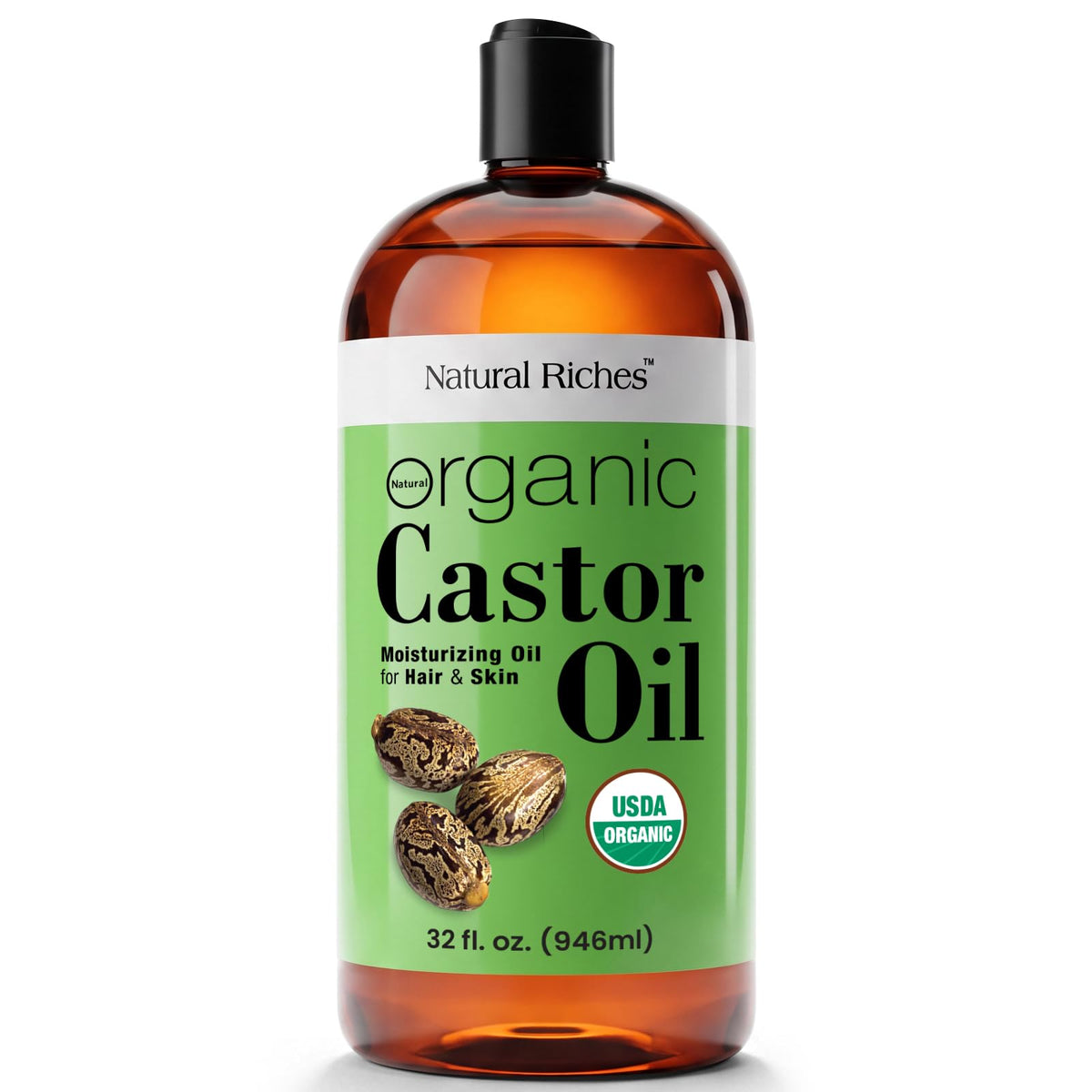 Natural Riches USDA ORGANIC Castor Oil Cold pressed for Dry Skin Hair Loss Dandruff Thicker Hair - Moisturizes heals Scalp Skin Hair growth Thicker Eyelashes & Eyebrows 32 fl oz