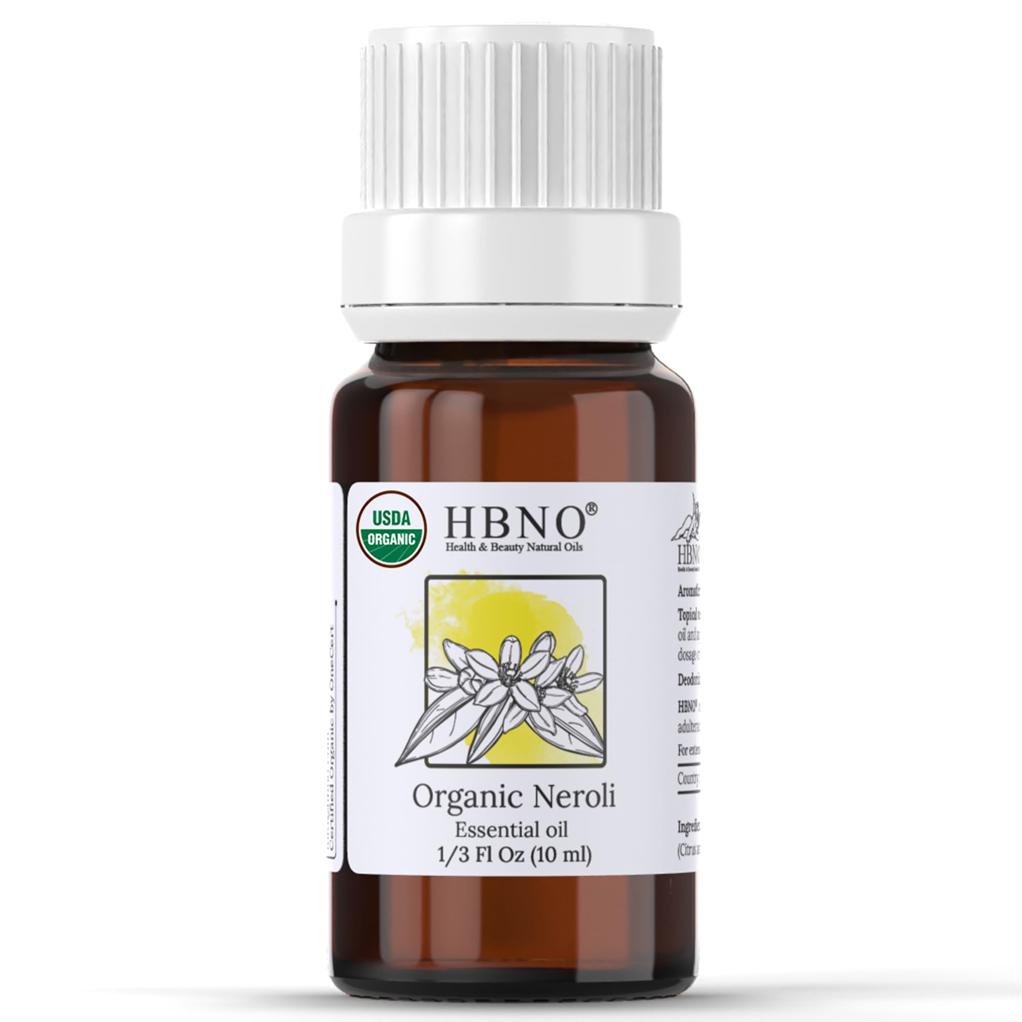 HBNO Organic Neroli Essential Oil- 1/3 oz (10ml) Size - Ideal for Diffusers, Cleaning Agents, Skincare, and Haircare.