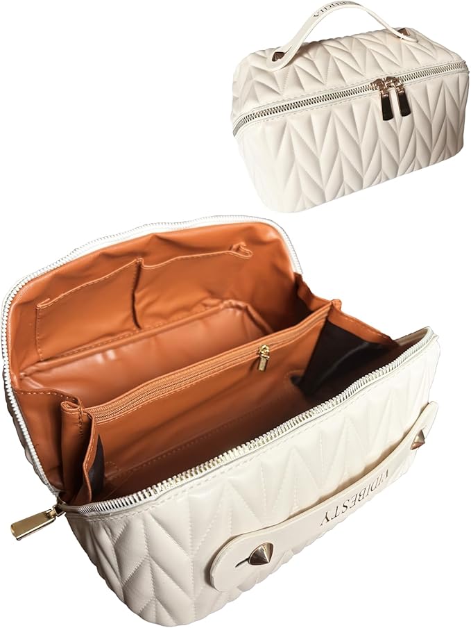 VIDIBESTY Travel Makeup Bag for Women, Large Capacity Cosmetic Bags for Girls, Compact Pouch Make up Organizer, Waterproof Toiletry Bag with Divider and Handle (Brown)