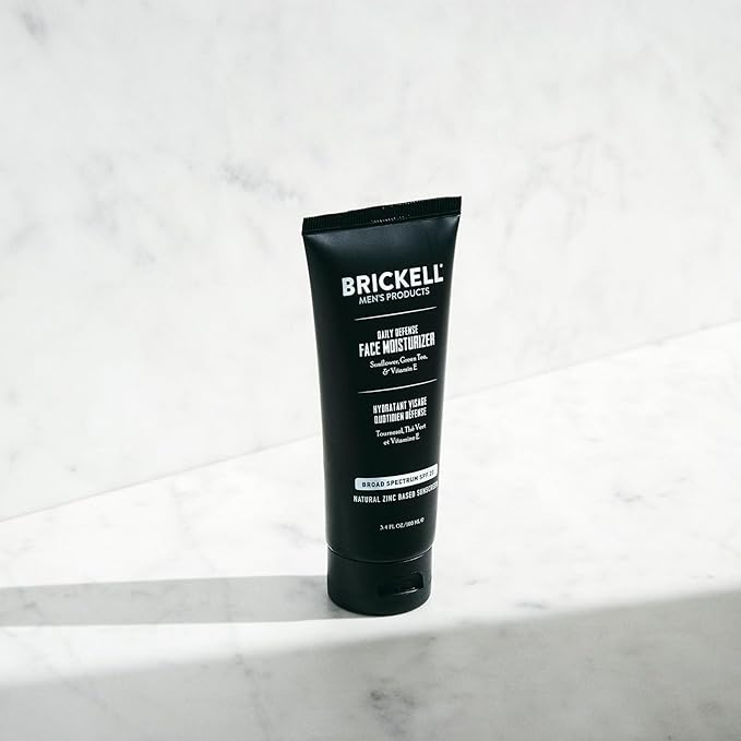 Brickell Men's Daily Defense SPF20 Face Moisturizer for Men, Moisturizing Mineral Sunscreen, Hydrates & Protects Skin Against Harmful UVA/B Rays, With Zinc, Green Tea, & Vitamin E, 3.4oz, Unscented