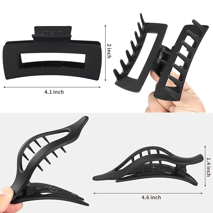 CHANDAT Hair Clips for Women 4.3 Inch Large Hair Claw Clips 8 pcs Square Claw Clips & Flat Hair Clips for Thick or Thin Hair French Concord Hair Barrettes Alligator Hair Accessories for Women (Black)