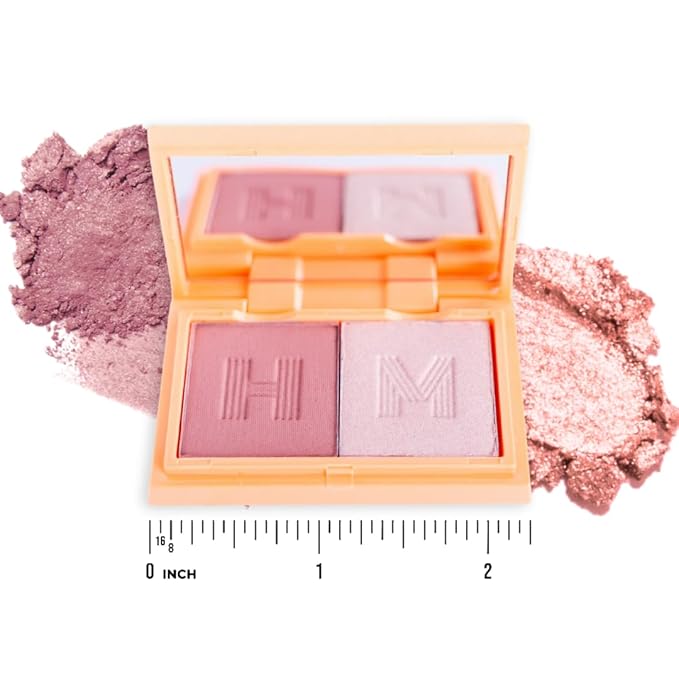 Haute Minute Makeup Blush + Brighten Highlighter Duo, Mini Lightweight Blendable Shimmer Blush, High Pigmented Makeup Powder Palettes, Cruelty Free - Don't Hurry, Be Happy!