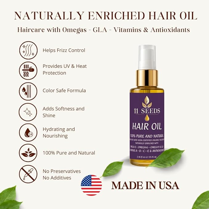 11 Seeds Organic Hair Oil for Frizz Control-Damaged Hair, Shine, Color Safe