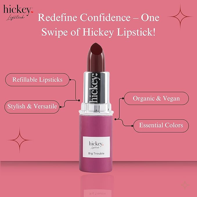Hickey Lipstick Refill - Big Trouble (Berry Wine) - Hydrating Formula with Jojoba Oil, Long Lasting Velvet Finish Formula - Vegan & Gluten-Free