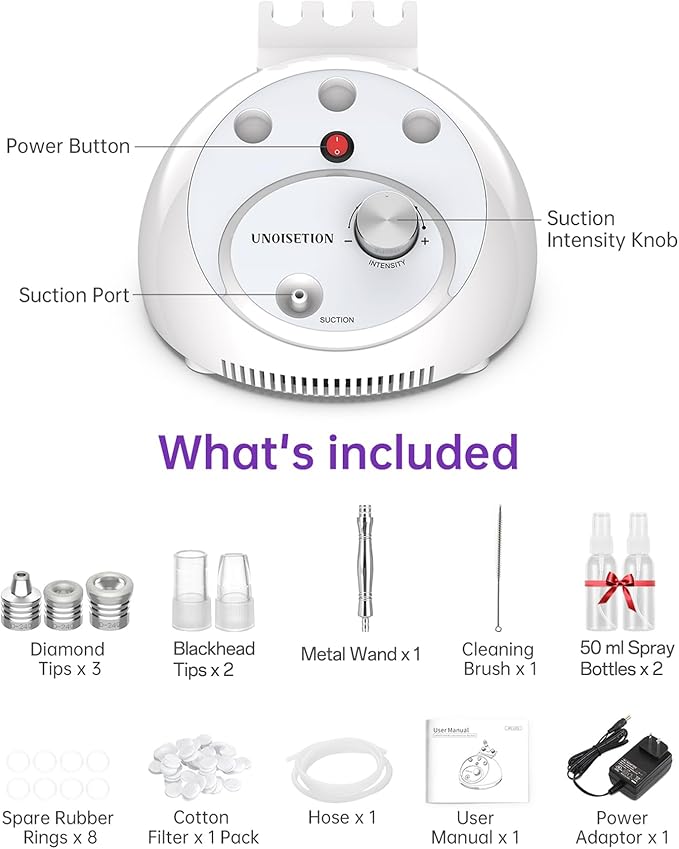 UNOISETION Blackhead Vacuum Removers, 2 in 1 Pro-Grade At-Home Spa Facial Vacuum Pore Cleaner for Blackheads, Whiteheads, Exfoliation, 20-80 Kpa Adjustable Suction for All Skin Types, White