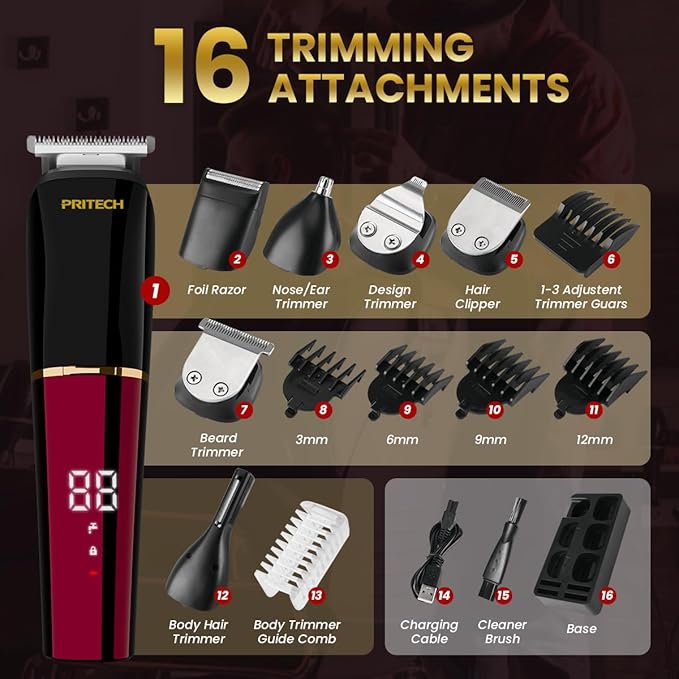 PRITECH Men's Grooming Kit, 6-in-1 Beard Trimmer & Hair Clipper, Cordless