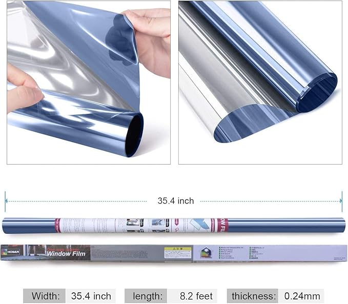 HIDBEA One Way Mirror Window Film, Blue Silver, 35.4 x 98.4 Inch