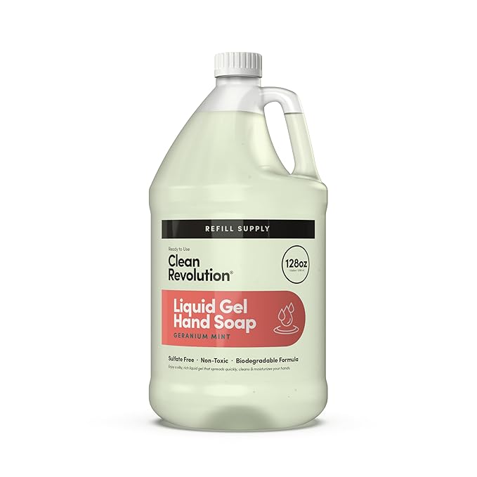 Clean Revolution Liquid Gel Hand Soap Refill with Real Essential Oils – Sulfate-Free Gel Hand Wash, Moisturizing Bulk Refill, Non-Toxic Formula, Made in the USA (Geranium Mint) 128 Fl Oz
