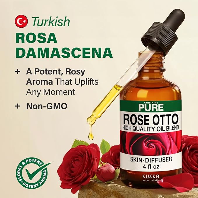 100% Pure Rose Otto Oil - 4 Fl Oz Rose Otto Essential Oil for Hair, Skin, Diffuser, Aromatherapy & DIY Soap Making Scent