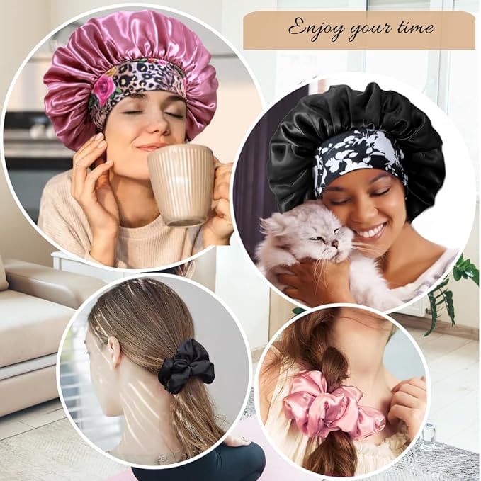 3+3 Large Satin Bonnets with Scrunchies for Women, Wide Band Hair Bonnet for Sleeping Braids Curly Hair, D