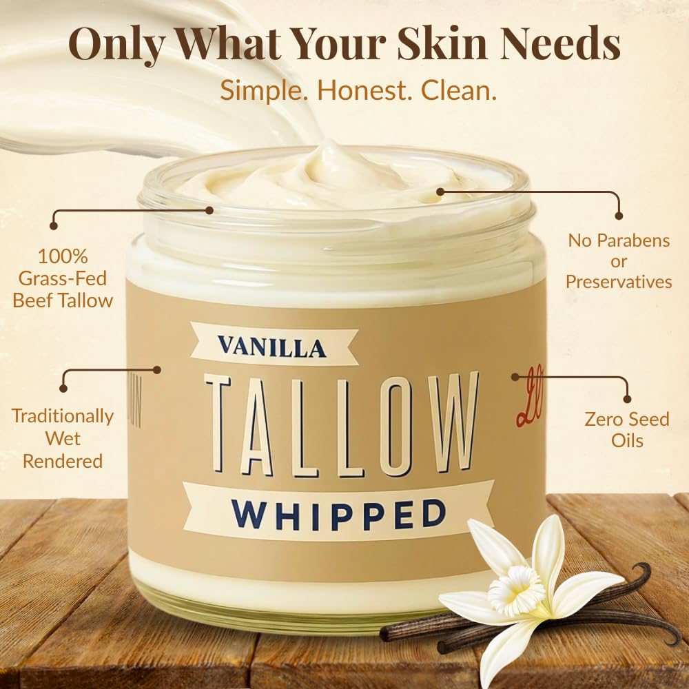 Lady May Tallow Whipped Tallow 9oz - All Natural Face Cream + Whole Body Moisturizer for Dry Skin - Made With Scented Oil Blend - No Preservatives, Parabens or Seed Oils - USA Made (Vanilla)