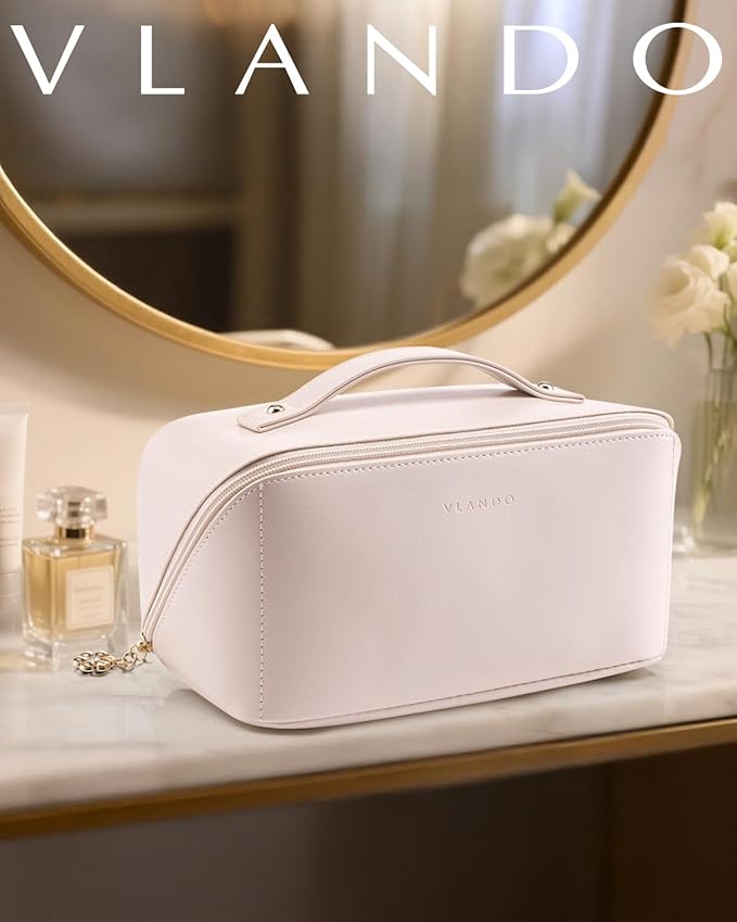 VLANDO Cosmetic Bag for Women with 180°Opening,Carry Handle,Apricot Pink