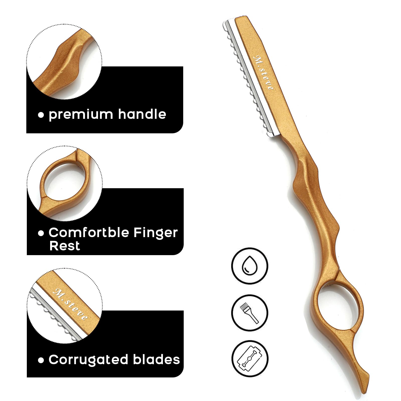 Hair Razors For Cutting Hair 6.89", Professional Styling Razor with Replacement Stainless Steel Blades for Salon/Home -11PCS Gold