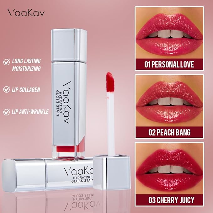 VaaKav Glossy Lip Stain – Hydrating Tinted Lip Oil Stain with High-Shine Gloss Finish, Non-Sticky Moisturizing Lip Tint, Long-Lasting Stain for Soft & Plump Lips(03 CHRRY JUICY)